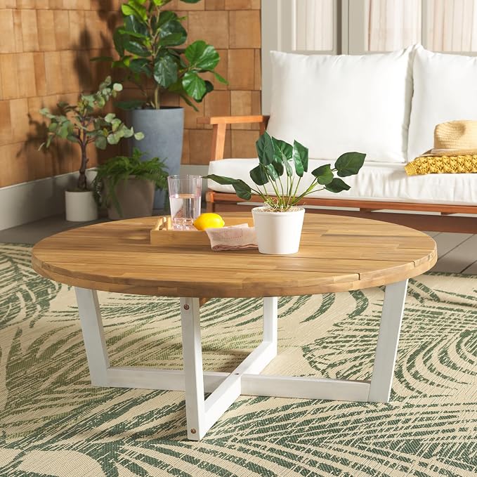 SAFAVIEH Outdoor Collection Leo Natural/White Solid Wood Round Coffee Table - Image 2