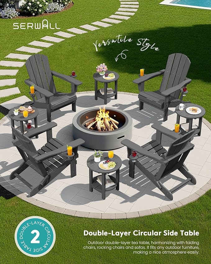 SERWALL Round Outdoor Side Table, HDPE Small Adirondack End Table, 2-Tier Patio - Image 9