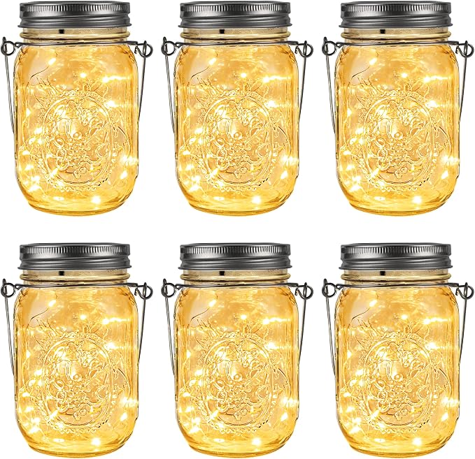 GIGALUMI Hanging Mason Jar Solar Lights, 6 Pack 30 Led Tinplate Lids Hanging by GIGALUMI