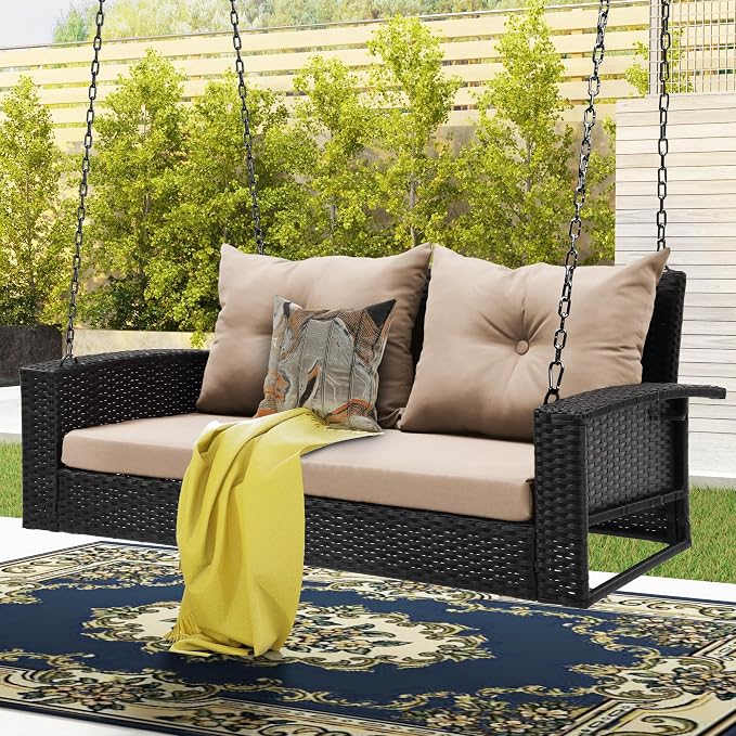DWVO Hanging Porch Swing Chair Outdoor Wicker Rattan Patio Swing Lounge 2 Seats - Image 6