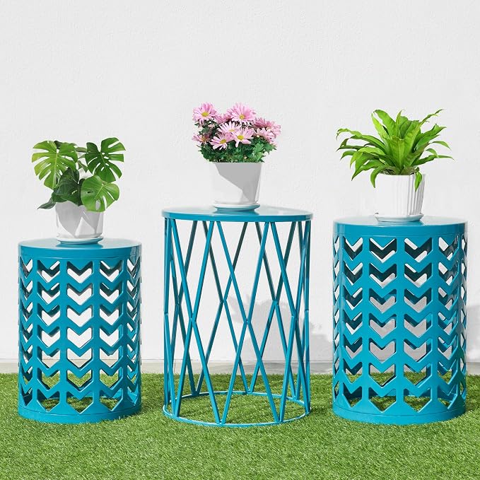 Nesting Side Table Set of 3 Decorative Round Garden Stools - Image 3