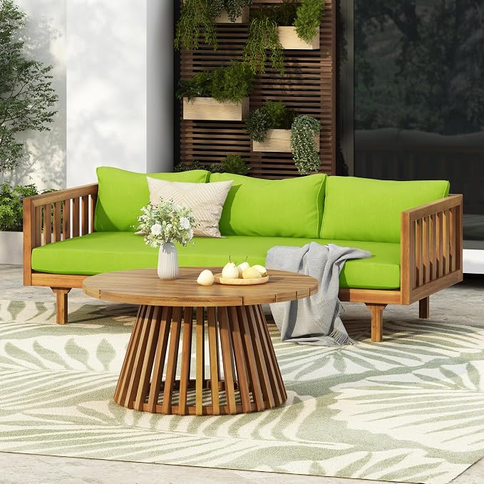 Merax Outdoor Acacia Wood Conversation Set, 3-Seat Loveseat Sofa w/Coushion and by Merax