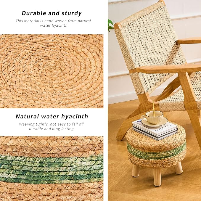 Handwoven Round Ottoman, Natural Water Hyacinth Outdoor Patio Pouf Seagrass Low - Image 7