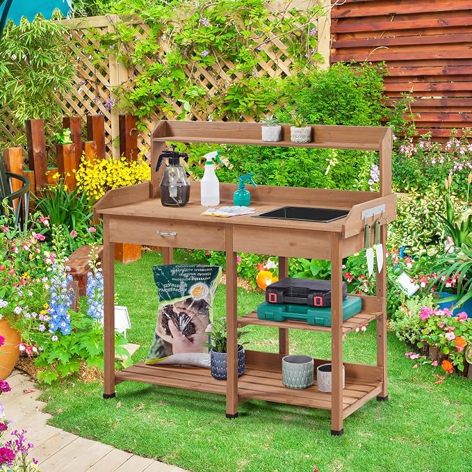 Yaheetech Potting Bench Outdoor Garden Work Bench Station Planting Solid Wood - Image 7