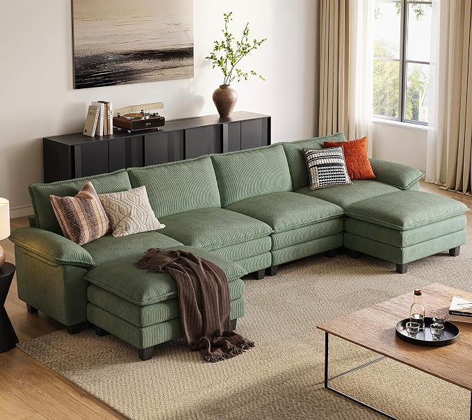 LINSY HOME 157'' Modular Sectional Sofa Green Couch Corduroy Cloud Couches by LINSYHOME