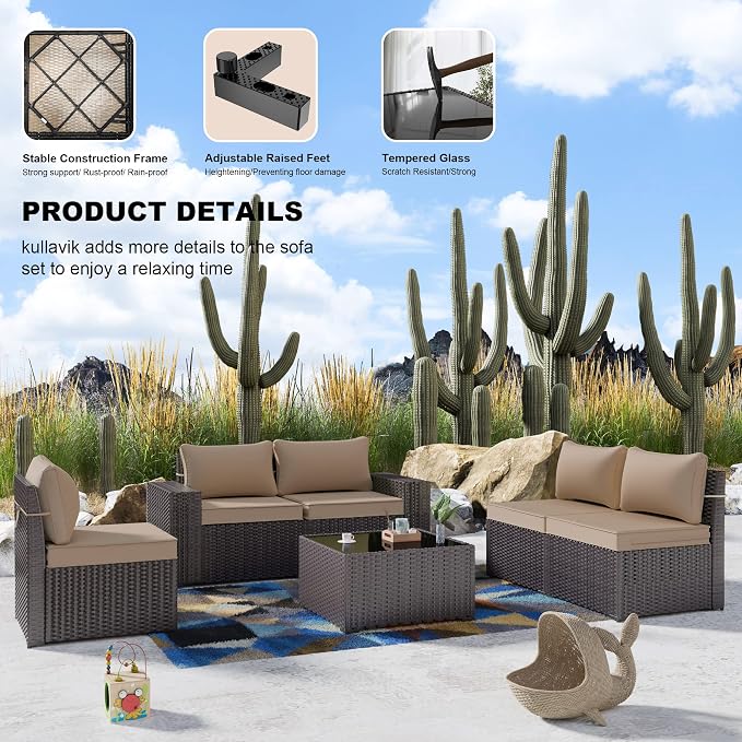 Kullavik Outdoor Patio Furniture Set 6 Pieces Sectional Rattan Sofa Set Brown - Image 3