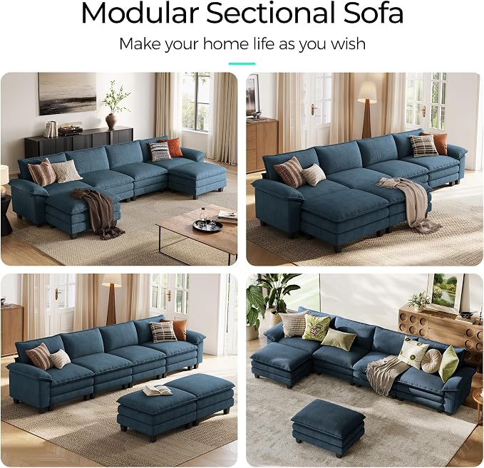 LINSY HOME 157'' Modular Sectional Sofa Blue Couch Corduroy Cloud Couches - Image 7