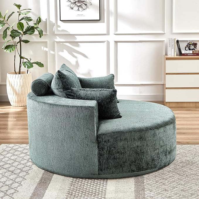 Oversized Round Chaise Longue Chair Indoor, Modern 55-inch Upholstered Chenille - Image 9