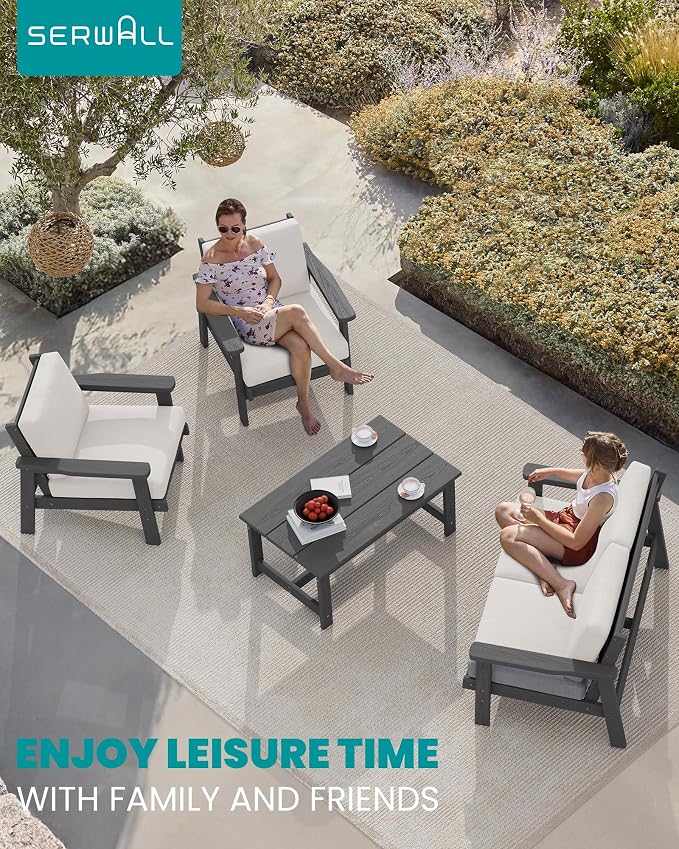 SERWALL HDPE Outdoor Furniture Set 4, All Weather Wood-Like Outdoor Sofa - Image 2