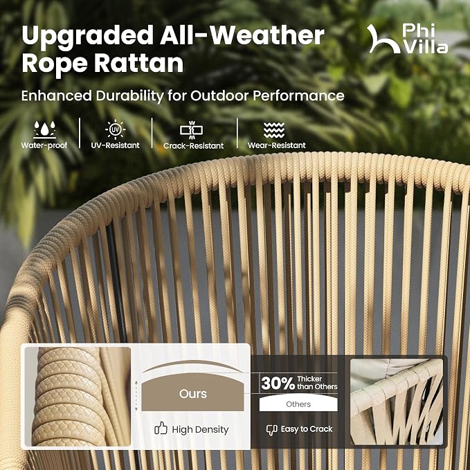 PHI VILLA Patio Wicker Chairs Set of 4, Outdoor Modern Brown Rope Rattan Chairs - Image 3