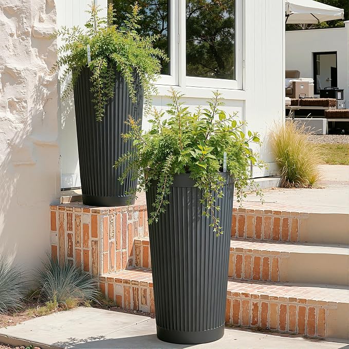 24" Large Planter Set of 2, Self Watering Tall Plastic Planters - Image 5
