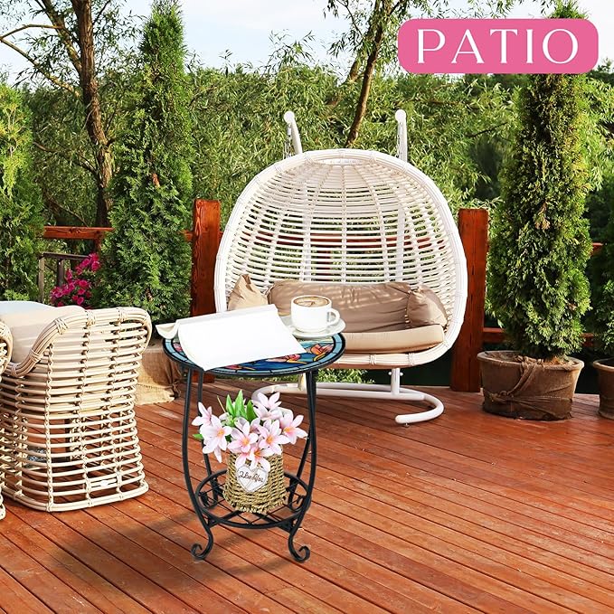 Outdoor Side Table Round Small Mosaic Patio Accent Indoor End Plant Coffee Tea - Image 3