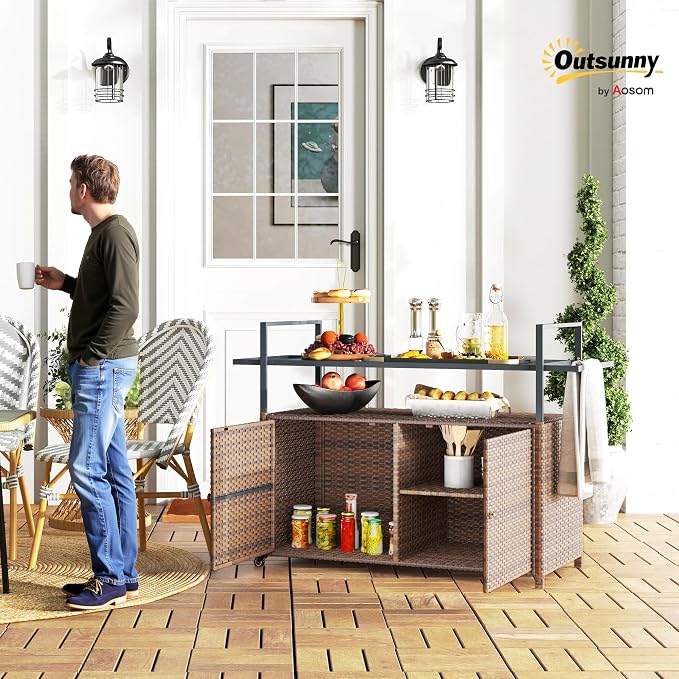 Outsunny PE Rattan Outdoor Storage Cabinet, Wicker Outdoor Bar Table Kitchen - Image 2