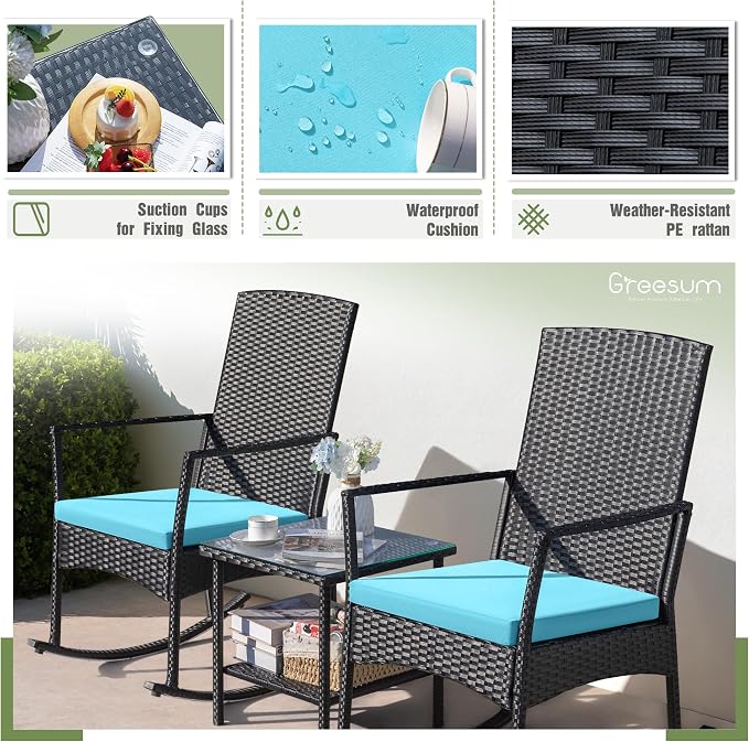 Greesum 3 Pieces Patio Furniture Set Outdoor Wicker Rocking Chairs - Image 7