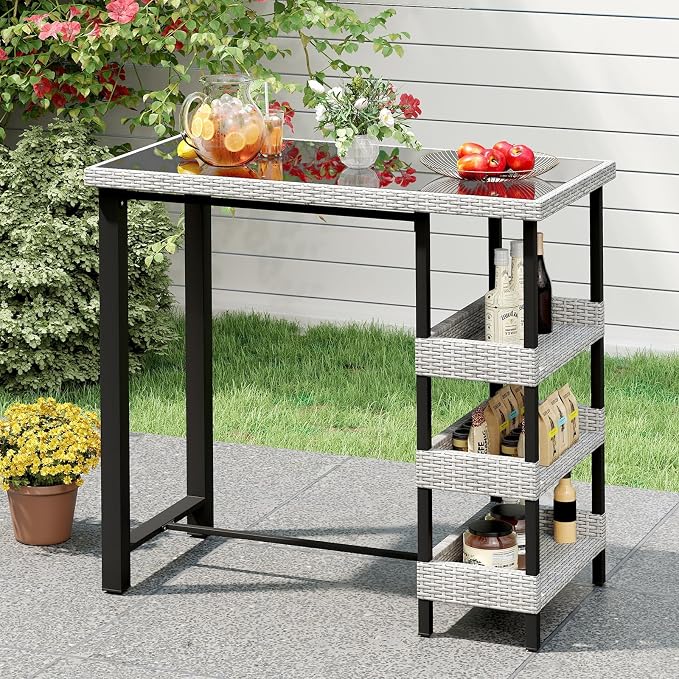 Tangkula 43.5” Outdoor Bar Table, Wicker Bar Height Dining Table w/Tempered - Image 2