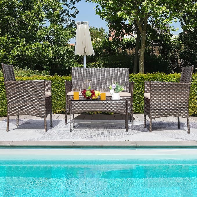 Greesum Patio Furniture 4 Pieces Conversation Sets Outdoor Wicker Rattan Chairs - Image 3