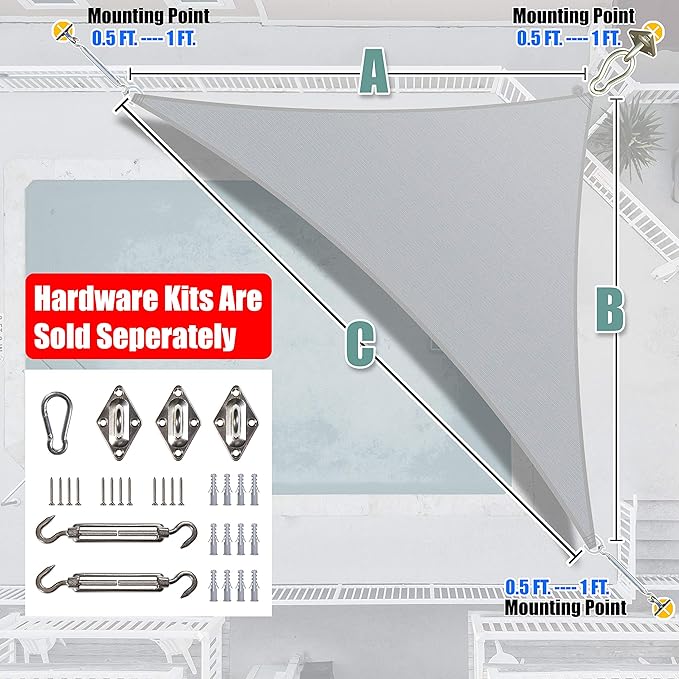 Amgo Custom Size 9' x 12' x 15' Grey Right Triangle Sun Shade Sail Order to - Image 7