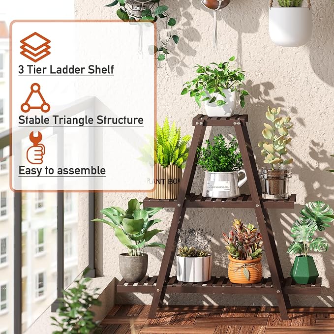 GHWIE Plant Stand Indoor Plant Shelf Outdoor bamboo Plant Rack, 3 Tiers Ladder - Image 6
