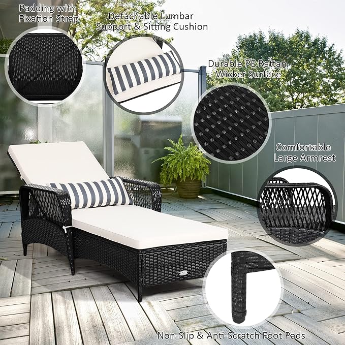 Tangkula Wicker Chaise Lounge Outdoor Set of 2, Patio Rattan Reclining Chaise - Image 7