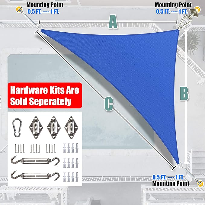 Amgo Custom Size 10' x 11' x 14.9' Blue Right Triangle Sun Shade Sail UPF50+ - Image 8