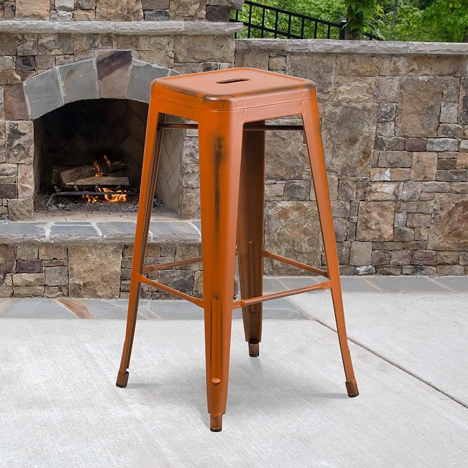 Flash Furniture Kai Commercial Grade 30" High Backless Distressed Orange Metal - Image 2