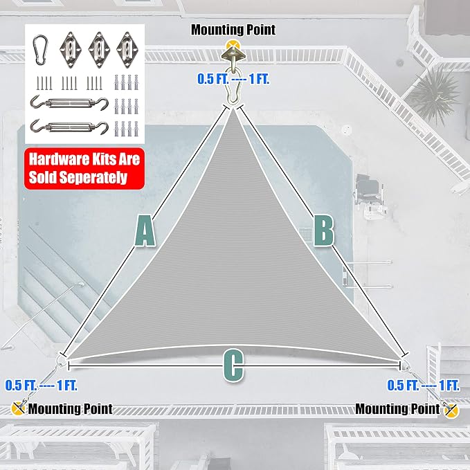 Amgo 16' x 16' x 16' Grey Triangle Sun Shade Sail Outdoor Canopy Awning UPF50+ - Image 8