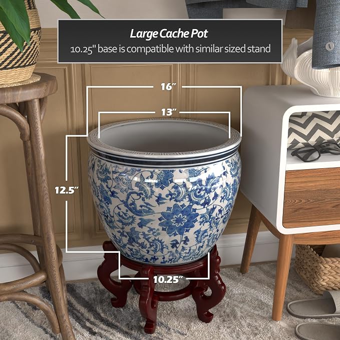 Red Lantern 16" Floral Blue & White Porcelain Fishbowl Planter - Image 5