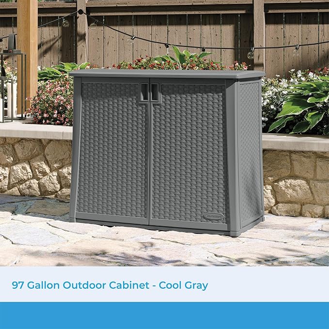 Suncast Resin Outdoor Storage Cabinet, Cool Gray Wicker Resin Outdoor Cabinet - Image 2