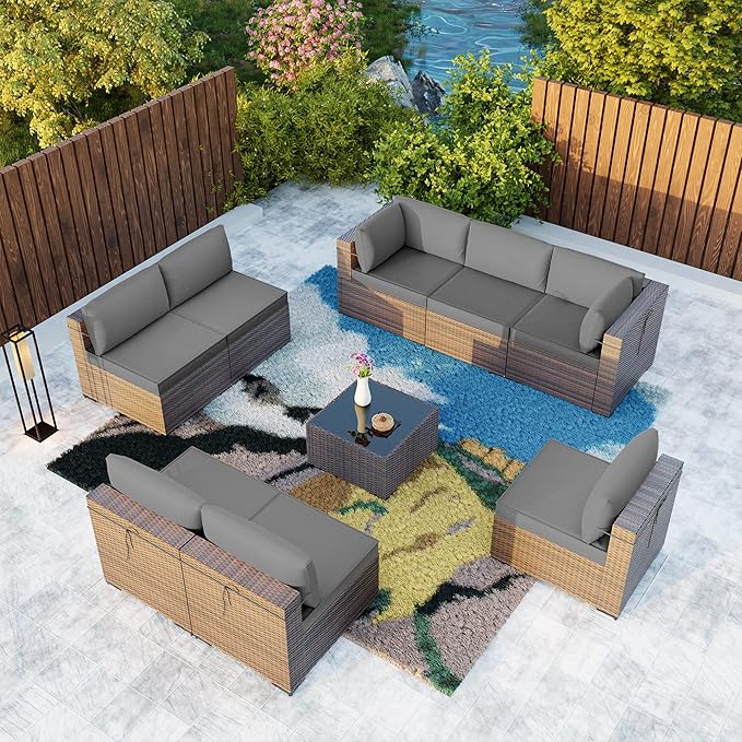 Kullavik 9 Pieces Outdoor Patio Furniture Set, Outdoor Sectional Rattan Sofa - Image 8