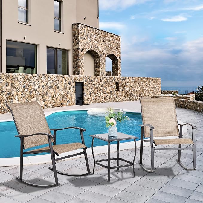 Vongrasig 3 Piece Outdoor Rocking Bistro Set, Textilene Fabric Small Patio - Image 2