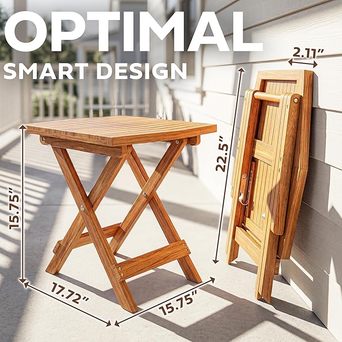 Melino Wooden Folding Outdoor Side Table 18x16x16 in, FSC Certified Acacia Wood - Image 2