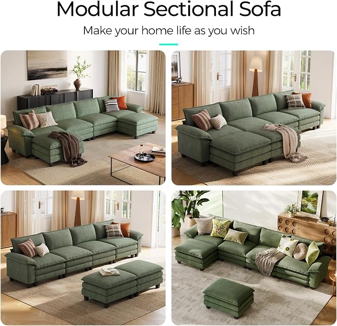 LINSY HOME 157'' Modular Sectional Sofa Green Couch Corduroy Cloud Couches - Image 6
