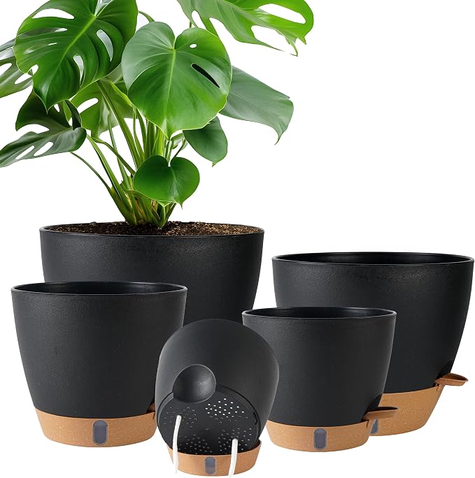 Self Watering Pots for Inoor Ourdoor Plants 10/9/8/7/6.5 Inch Plastic Planters by Fielda