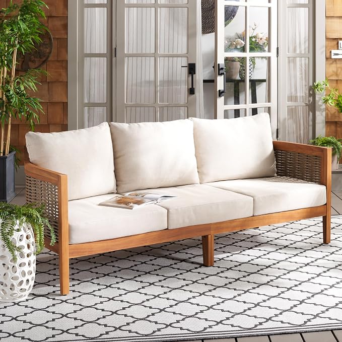 SAFAVIEH Outdoor Collection Amanda Natural Acacia Solid Wood/Taupe Cushion - Image 2