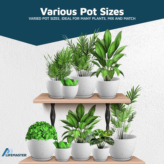 White Gray Plant Pots with Drainage Holes & Saucers 10 Pack, Indoor & Outdoor - Image 4