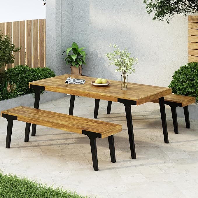 Christopher Knight Home 3 Piece Patio Dining Table, Acacia Wood Table Bench - Image 3