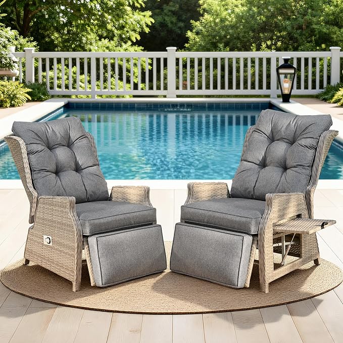 Outdoor Recliner with Adjustable Back and Footrest, Patio 150° Lay Flat by COMLAXFIELD