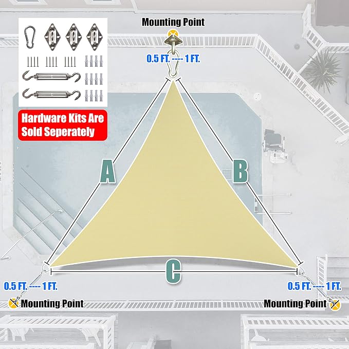 Amgo Custom Size 10' x 10' x 10' Sand Beige Triangle Sun Shade Sail UPF50+ - Image 8