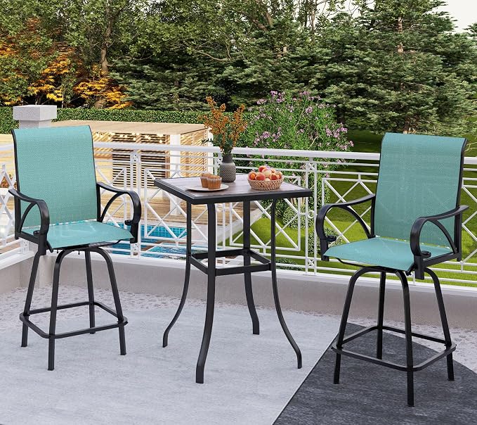 PHI VILLA Outdoor Patio Swivel Bar Set of 3, Jacquard Lake Blue Textilene by PHIVILLAThepioneerofcomfortablehouseholdsupplies
