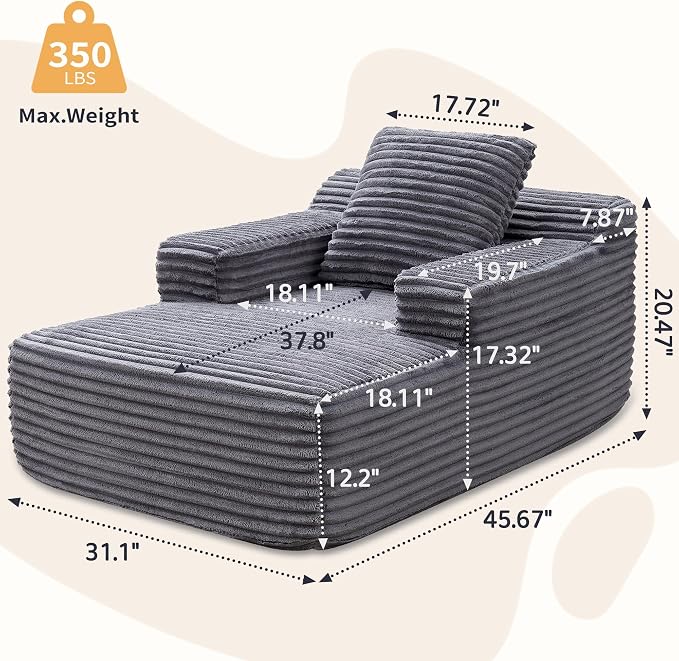 wanan 45.7" Chaise Lounge Chair Indoor, Corduroy Boneless Cloud Lounge Chair - Image 2