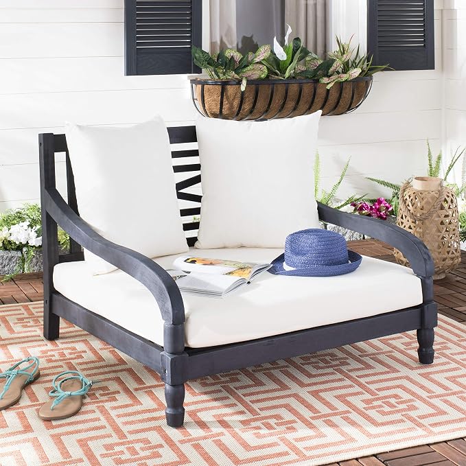 SAFAVIEH Outdoor Collection Pomona Dark Slate Grey Solid Wood/Beige Cushion - Image 2