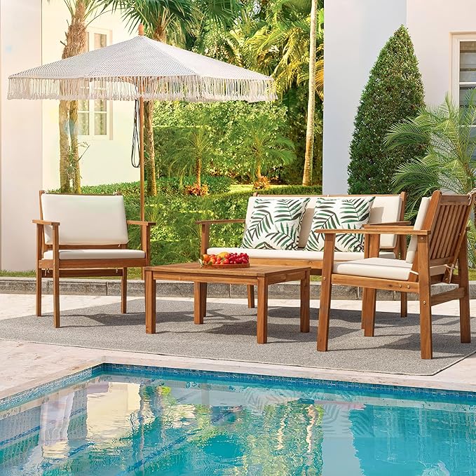 Flamaker Patio Furniture 4 Piece Outdoor Acacia Wood Patio Conversation Sofa Set - Image 6