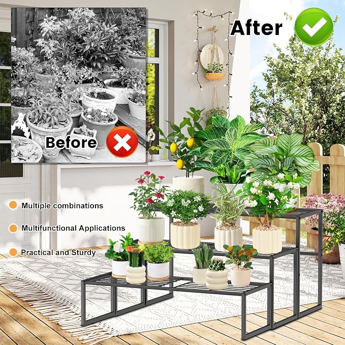 3 Tier Metal Plant Stand Indoor Outdoor, Potted Multiple Flower Pot Holder Rack - Image 6