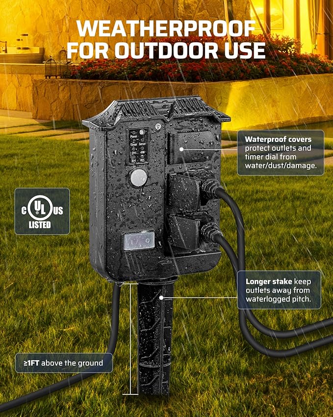 DEWENWILS Outdoor Power Stake Timer Waterproof, 6 Grounded Outlets, 6FT - Image 5