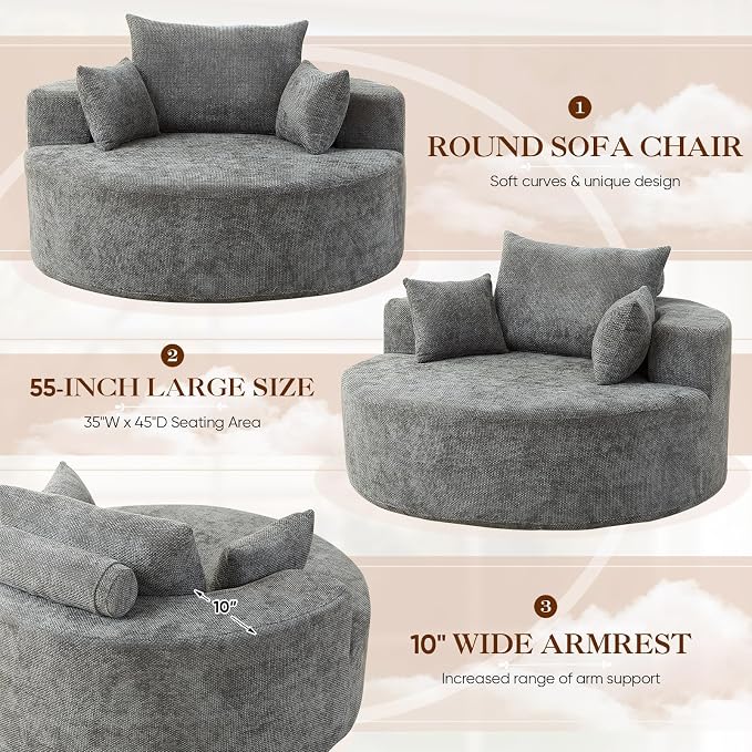 Antetek Oversized Round Chaise Longue Chair Indoor, Modern 55-inch Upholstered - Image 4
