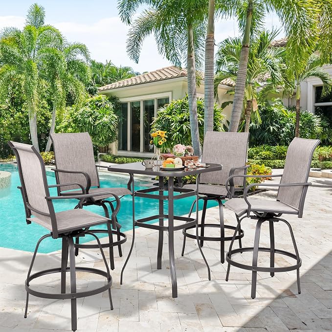 Vongrasig 5 Piece Patio Swivel Bar Set, All Weather Mental Textilene High by Vongrasig