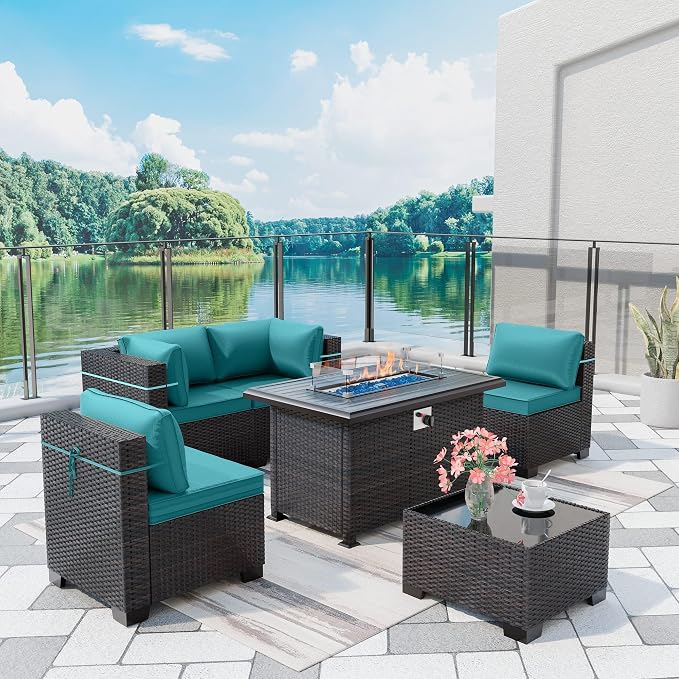 Outdoor Patio Furniture with Fire Pit Table, 6 Pieces Outdoor Furniture Patio by ASJMR