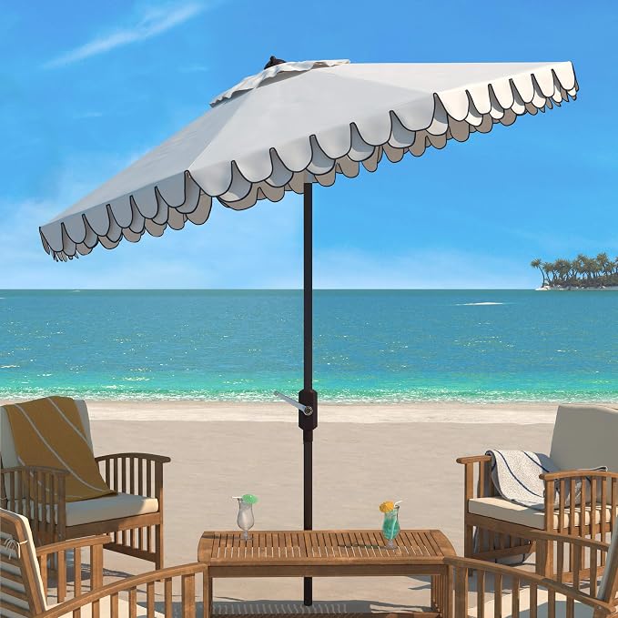 SAFAVIEH 9ft Outdoor Patio Umbrella, Ivory & Navy Trim, Auto Crank Tilt - Image 6