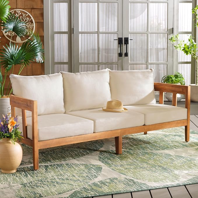SAFAVIEH Outdoor Collection Owen Acacia Solid Wood Natural/Taupe Cushion - Image 2