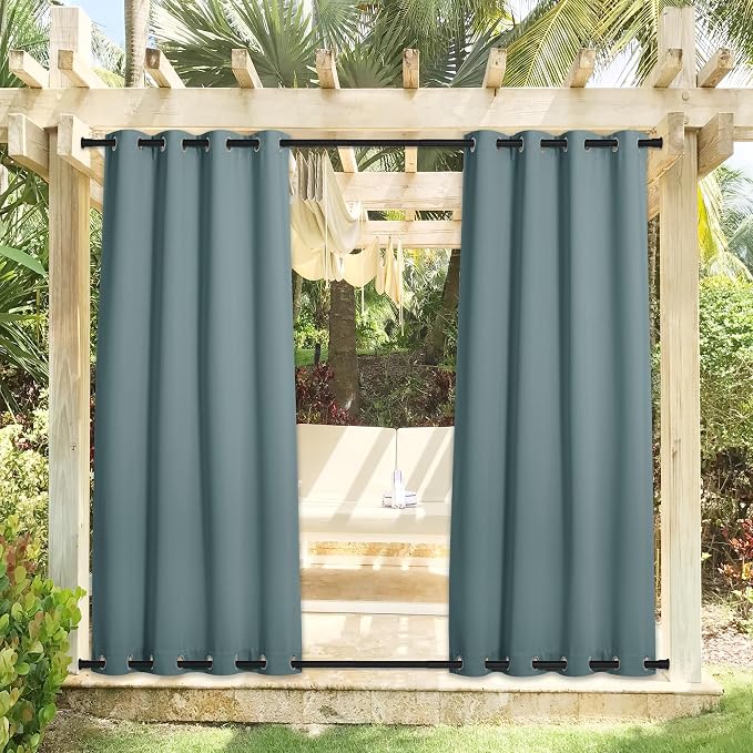 NICETOWN Greyish Blue Outdoor Patio Curtains 2 Panels Windproof Top & Bottom - Image 2